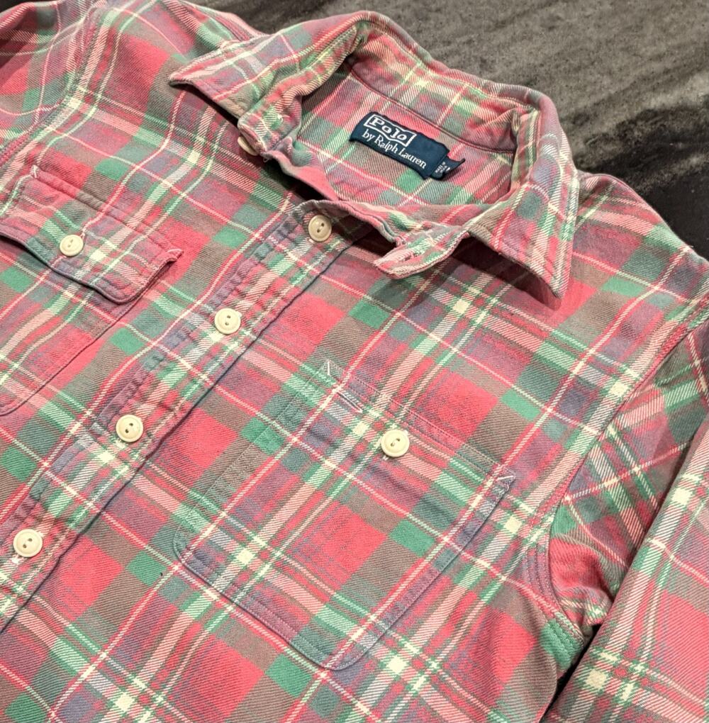 Polo Ralph Lauren M Flannel Shirt Red Green Plaid Double Pocket Workshirt